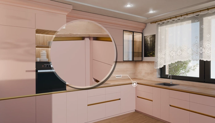 Кухня «Лиор» 3,8 × 2,7 м. в цвете розовая сакура / Sakura Pink 3114: фурнитура