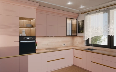 Кухня «Лиор» 3,8 × 2,7 м. в цвете розовая сакура / Sakura Pink 3114 ракурс 1