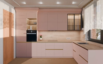 Кухня «Лиор» 3,8 × 2,7 м. в цвете розовая сакура / Sakura Pink 3114 ракурс 2