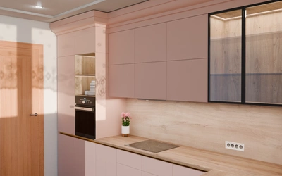 Кухня «Лиор» 3,8 × 2,7 м. в цвете розовая сакура / Sakura Pink 3114 ракурс 3