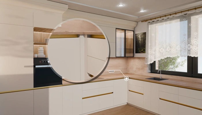 Кухня «Лиор» 3,8 × 2,7 м. в цвете светлая дюна / Sahara Cream 3019: фурнитура