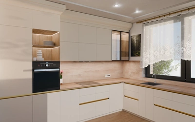 Кухня «Лиор» 3,8 × 2,7 м. в цвете светлая дюна / Sahara Cream 3019 ракурс 1