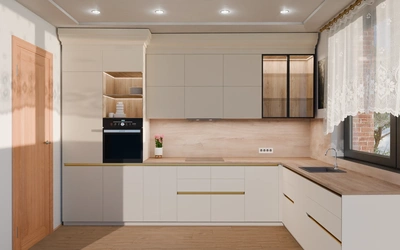 Кухня «Лиор» 3,8 × 2,7 м. в цвете светлая дюна / Sahara Cream 3019 ракурс 2