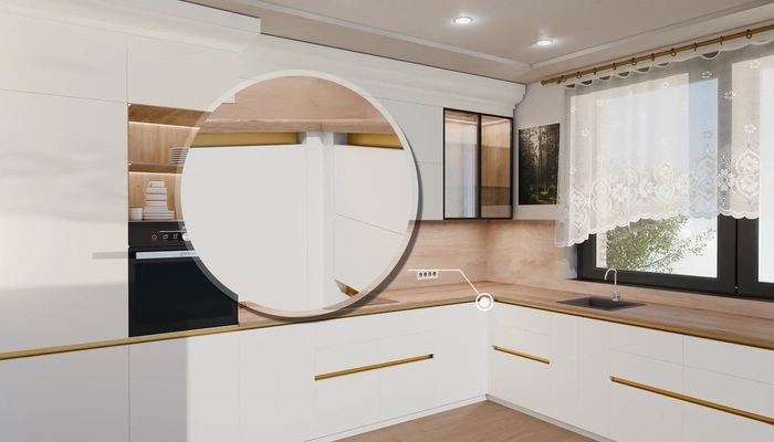 Кухня «Лиор» 3,8 × 2,7 м. в цвете белый / Soft Touch White 734: фурнитура