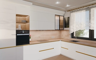 Кухня «Лиор» 3,8 × 2,7 м. в цвете белый / Soft Touch White 734 ракурс 1