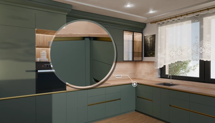 Кухня «Лиор» 3,8 × 2,7 м. в цвете лесной зелёный / Forest Green 3027: фурнитура