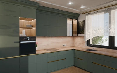 Кухня «Лиор» 3,8 × 2,7 м. в цвете лесной зелёный / Forest Green 3027 ракурс 1