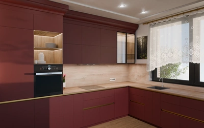 Кухня «Лиор» 3,8 × 2,7 м. в цвете тёмный терракотовый / Rustic Red 3026 ракурс 1