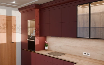 Кухня «Лиор» 3,8 × 2,7 м. в цвете тёмный терракотовый / Rustic Red 3026 ракурс 3