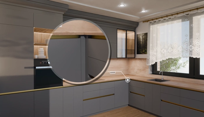 Кухня «Лиор» 3,8 × 2,7 м. в цвете графитовый серый / Royal Grey 3022: фурнитура