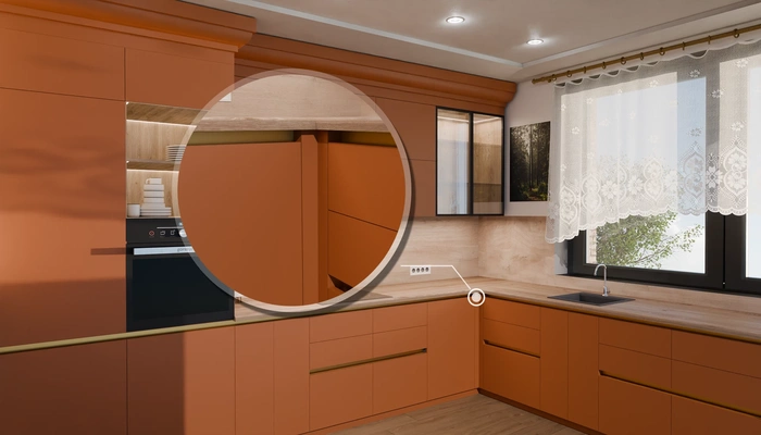 Кухня «Лиор» 3,8 × 2,7 м. в цвете карамельно-коричневый / Tobac 3092: фурнитура