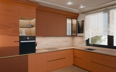 Кухня «Лиор» 3,8 × 2,7 м. в цвете карамельно-коричневый / Tobac 3092 ракурс 1