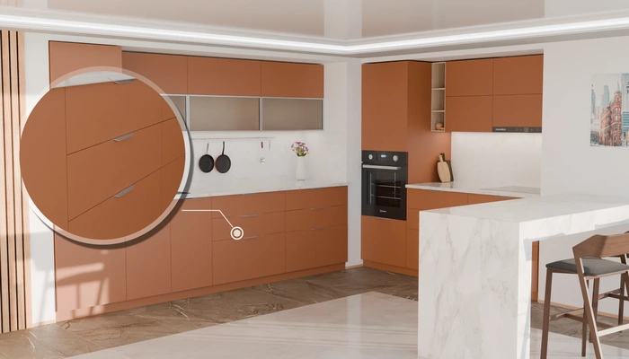 Угловая кухня Вирел 3 × 2 м с фасадами AGT Tobac 3092, детали фурнитуры