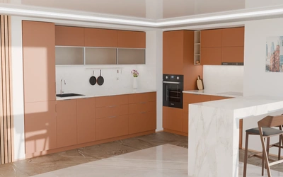 Угловая кухня Вирел 3 × 2 м, фасады AGT Tobac 3092, вид слева под углом