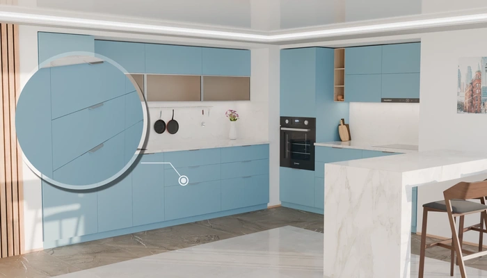 Угловая кухня Вирел 3 × 2 м с фасадами AGT Ocean Blue 736, детали фурнитуры