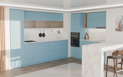 Угловая кухня Вирел 3 × 2 м, фасады AGT Ocean Blue 736, вид слева под углом