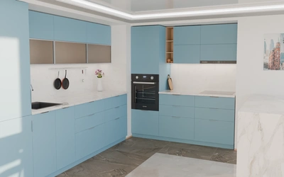 Угловая кухня Вирел 3 × 2 м, фасады AGT Ocean Blue 736, вид слева