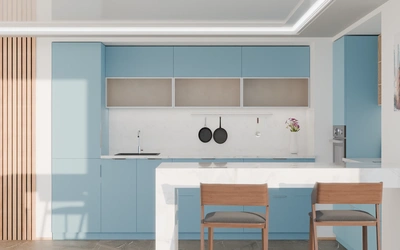 Угловая кухня Вирел 3 × 2 м, фасады AGT Ocean Blue 736, вид спереди