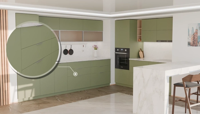 Угловая кухня Вирел 3 × 2 м с фасадами AGT Olive Green 3097, детали фурнитуры