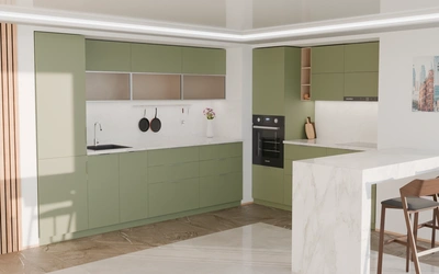 Угловая кухня Вирел 3 × 2 м, фасады AGT Olive Green 3097, вид слева под углом