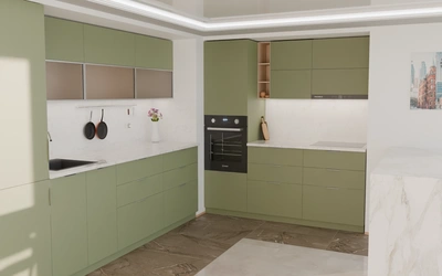 Угловая кухня Вирел 3 × 2 м, фасады AGT Olive Green 3097, вид слева