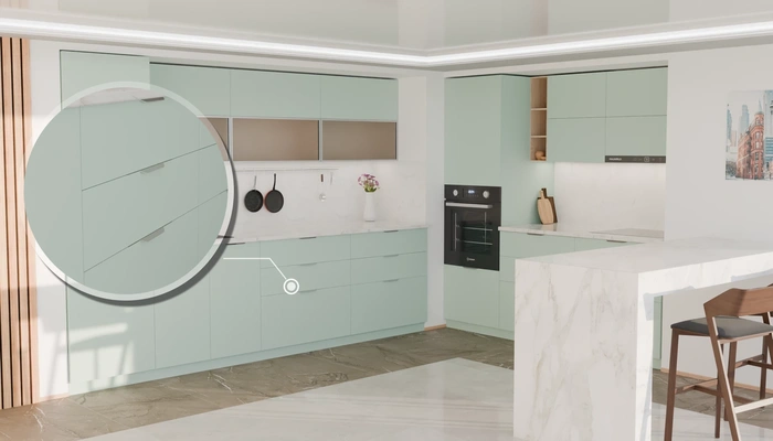 Угловая кухня Вирел 3 × 2 м с фасадами AGT Relax green 735, детали фурнитуры