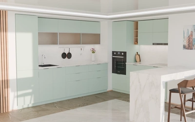 Угловая кухня Вирел 3 × 2 м, фасады AGT Relax green 735, вид слева под углом