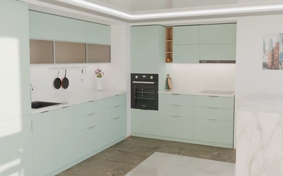 Угловая кухня Вирел 3 × 2 м, фасады AGT Relax green 735, вид слева