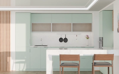 Угловая кухня Вирел 3 × 2 м, фасады AGT Relax green 735, вид спереди