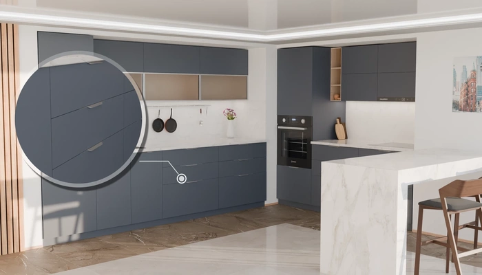 Угловая кухня Вирел 3 × 2 м с фасадами AGT Sky Blue 3091, детали фурнитуры