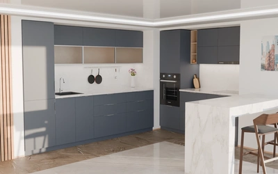 Угловая кухня Вирел 3 × 2 м, фасады AGT Sky Blue 3091, вид слева под углом