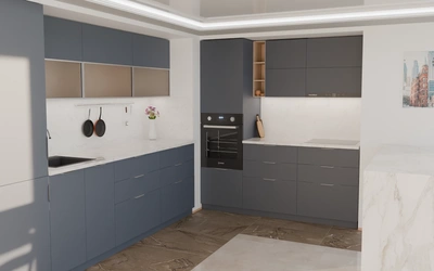 Угловая кухня Вирел 3 × 2 м, фасады AGT Sky Blue 3091, вид слева