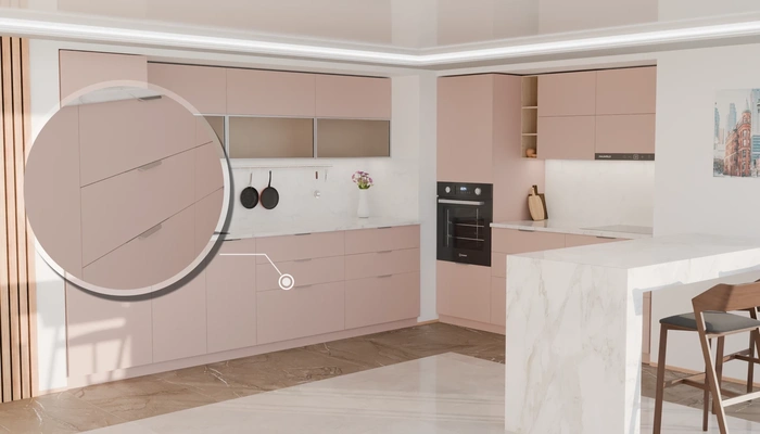 Угловая кухня Вирел 3 × 2 м с фасадами AGT Sakura Pink 3114, детали фурнитуры