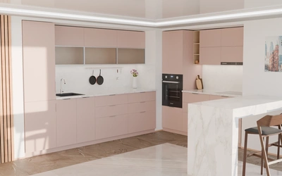 Угловая кухня Вирел 3 × 2 м, фасады AGT Sakura Pink 3114, вид слева под углом