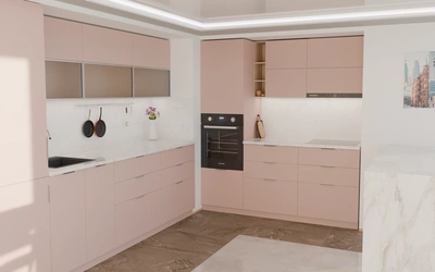 Угловая кухня Вирел 3 × 2 м, фасады AGT Sakura Pink 3114, вид слева