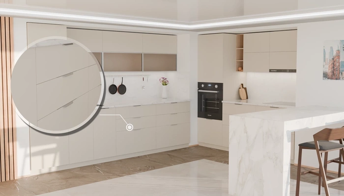 Угловая кухня Вирел 3 × 2 м с фасадами AGT Sahara Cream 3019, детали фурнитуры