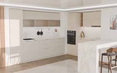 Угловая кухня Вирел 3 × 2 м, фасады AGT Sahara Cream 3019, вид слева под углом