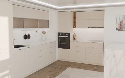 Угловая кухня Вирел 3 × 2 м, фасады AGT Sahara Cream 3019, вид слева