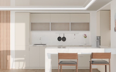 Угловая кухня Вирел 3 × 2 м, фасады AGT Sahara Cream 3019, вид спереди