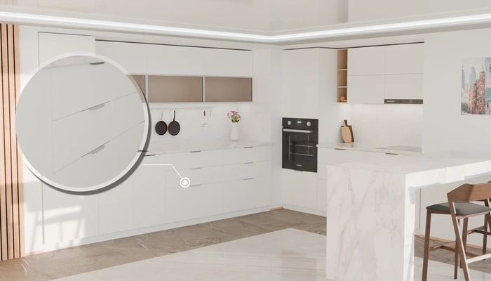 Угловая кухня Вирел 3 × 2 м с фасадами AGT Soft Touch White 734, детали фурнитуры