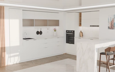 Угловая кухня Вирел 3 × 2 м, фасады AGT Soft Touch White 734, вид слева под углом