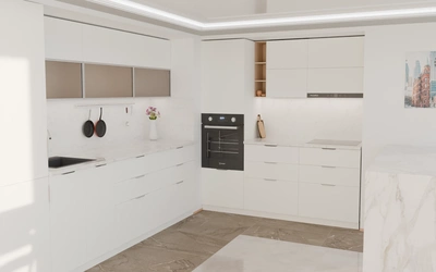 Угловая кухня Вирел 3 × 2 м, фасады AGT Soft Touch White 734, вид слева