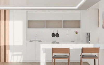 Угловая кухня Вирел 3 × 2 м, фасады AGT Soft Touch White 734, вид спереди