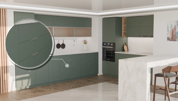 Угловая кухня Вирел 3 × 2 м с фасадами AGT Forest Green 3027, детали фурнитуры