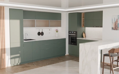 Угловая кухня Вирел 3 × 2 м, фасады AGT Forest Green 3027, вид слева под углом