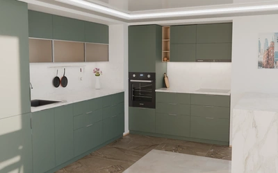 Угловая кухня Вирел 3 × 2 м, фасады AGT Forest Green 3027, вид слева