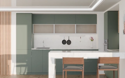 Угловая кухня Вирел 3 × 2 м, фасады AGT Forest Green 3027, вид спереди