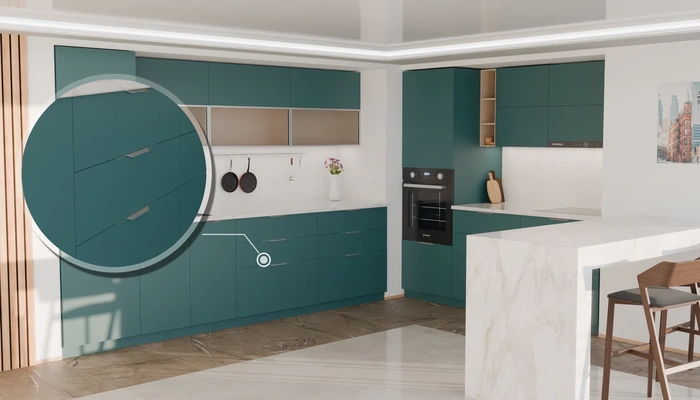 Угловая кухня Вирел 3 × 2 м с фасадами AGT Glamorous Pacific 3029, детали фурнитуры