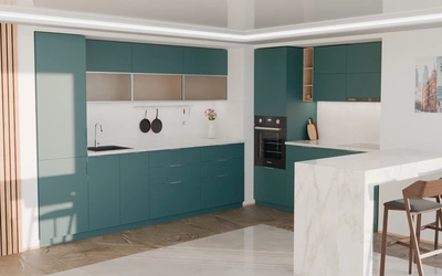 Угловая кухня Вирел 3 × 2 м, фасады AGT Glamorous Pacific 3029, вид слева под углом