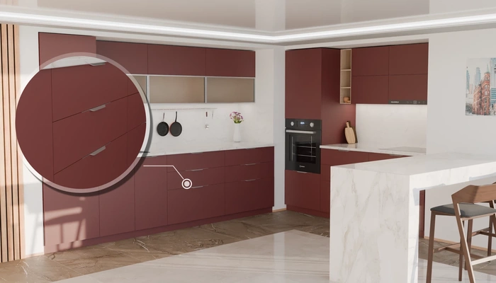 Угловая кухня Вирел 3 × 2 м с фасадами AGT Rustic Red 3026, детали фурнитуры